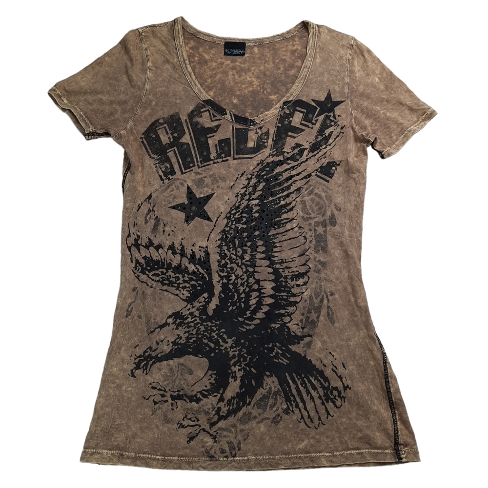 Daytrip V-Neck Rebel Eagle Graphic Acid Wash Tee SZ M